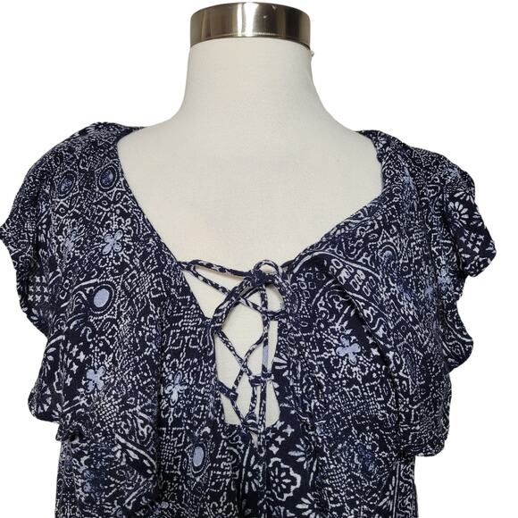 Cape Juby Women Blue Rayon Lace Up Neck Ruffle Abstract Print Chic Romper Size S - Picture 4 of 7